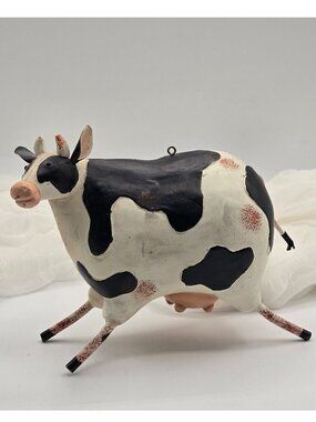 Vintage Rustic Metal Resin Cow Figurine: Whimsical Farmhouse Folk Art Decor